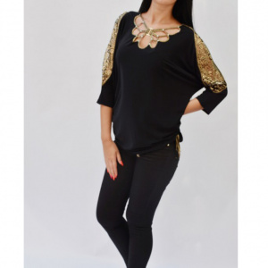 Bluza casual-eleganta cu decupaje rafinate si strasuri la decolteu neagra - Img 3