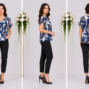 Bluză damă cu imprimeu floral albastru-alb-crem – Croială lejeră, mânecă scurtă, elegantă - Img 3
