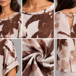 Bluză damă cu imprimeu floral maro-crem-pudra – Croială lejeră, mânecă scurtă, elegantă - Img 4