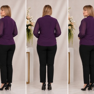 Bluză damă elegantă din voal cu aplicații de mărgele și strasuri, mov - Img 2