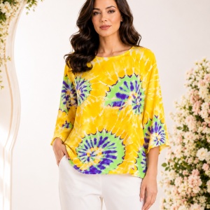 Bluză damă lejeră cu imprimeu multicolor – Galben, Verde & Mov