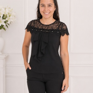 Bluza dama Luna ,aplicatii de dantela si strasuri,nuanta de NEGRU