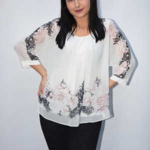 Bluza de ocazie din material tip voal,alb cu imprimeu floral pudra - Img 3