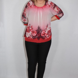 Bluza de ocazie din material tip voal ,rosu cu imprimeu floral - Img 3