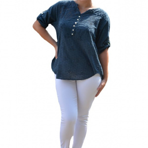 Bluza de vara tip camasa Jeniffer ,model cu broderie si paiete ,nuanta de bleumarin - Img 1