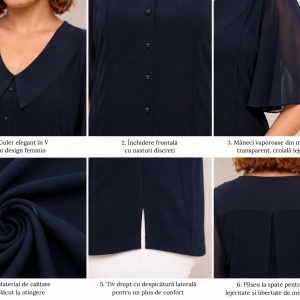Bluză elegantă bleumarin închis cu guler și mâneci vaporoase - Img 3