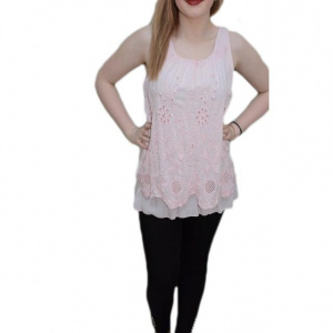 Bluza fara maneci, de culoare roz pudra, cu design brodat - Img 1