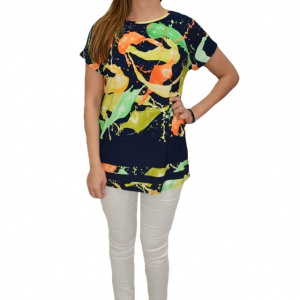 Bluza lejera de zi, cu imprimeu abstarct multicolor, pe fundal bleumarin - Img 1