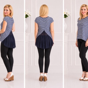 Bluza moderna, insertie de voal bleumarin in spate si dungi albe - Img 2