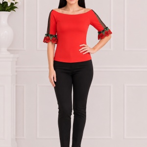 Bluza moderna rosie cu talie scurta cu broderie florala la maneca