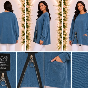 Bluză Oversized Albastră cu Textură Fin Raiată, Fermoar Decorativ și Buzunar - Img 2