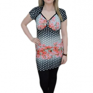 Bluza tip tunica cu maneca scurta, imprimeu de buline si flori - Img 1