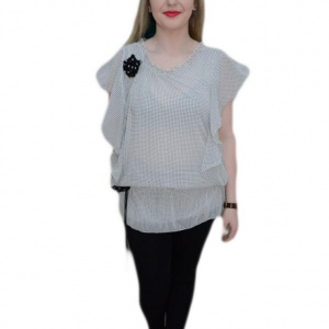 Bluza trendy din voal, nuanta alba cu buline negre si elastic - Img 1