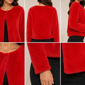 Bolero Elisa din blana sintetica, model pana in talie cu maneca lunga,nuanta rosu - Img 3