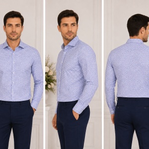 Camasa fashion cu croiala cambrata, alba cu imprimeu albastru - Img 2