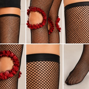 Ciorap fashion tip plasa cu model rafinat de fodre rosii aplicate - Img 3