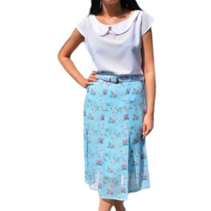 Fusta lejera, midi, nuanta de albastru, cu imprimeu floral multicolor - Img 1