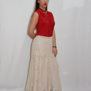 Fusta lunga, eleganta, de culoare bej, cu insertii de broderie - Img 6