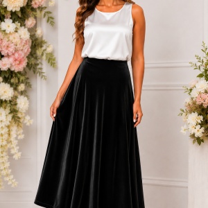 Fustă Midi Elegantă din Catifea Neagră, 95% Poliester și 5% Elastan