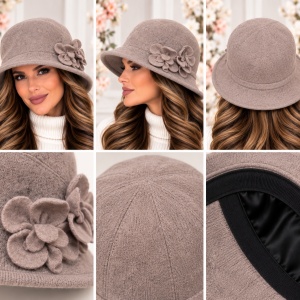 Pălărie Damă Elegantă Reglabilă din 70% Lână și 30% Acrilic – Model cu Flori Decorative, bej - Img 2