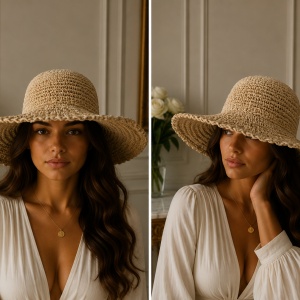 Pălărie de Damă Bej-Maro cu Boruri Largi și Detalii Elegante – Accesoriu Chic pentru Vară, - Img 2
