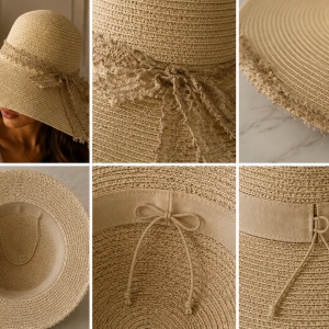 Pălărie de Damă Crem Deschis cu Boruri Largi și Detalii Elegante – Accesoriu Chic pentru Vară, - Img 3
