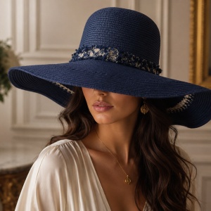Pălărie de Vară Chic pentru Plajă și Vacanță Nuanta de Bleumarin -Alb Deschis Design Dantelat
