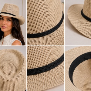Palarie trilby din material subtire cu aerisire buna, alb, bej, crem - Img 6