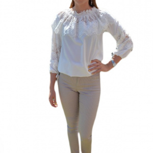 Pantalon tineresc cu imprimeu de dungi subtiri, nuanta de bej - Img 1
