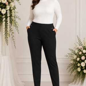 Pantaloni Damă Negri Elastici cu Talie Lată și Detalii Decorative