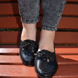Pantof negru din piele lacuita cu design stone si talpa confortabila - Img 2