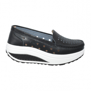 Pantofi casual damă negri din piele naturală cu perforații și talpă ortopedică