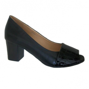 Pantofi cu toc mediu, eleganti, negri, decupati in fata, combinatie cu lac - Img 1