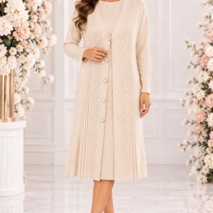 Poncho Damă Lungă Crem din Lână și Acrilic – Model Tricotat Elegant cu Nasturi si cristale fine