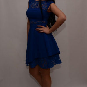 Rochie albastra cu dantela, croi evazat, model elegant, de ocazie - Img 2