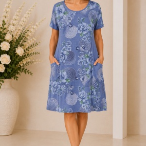 Rochie Albastră cu Imprimeu Floral – Croială Lejeră și Buzunare Laterale