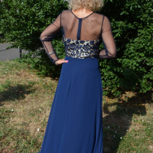 Rochie albastra de seara, model lung cu broderie florala cu strasuri - Img 6