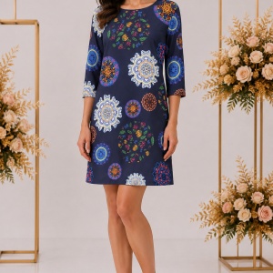 Rochie bleumarin cu imprimeu multicolor tip mandala