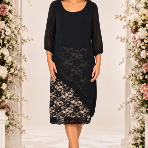 Rochie casual-elegant cu maneca trei-sferturi, negru-crem