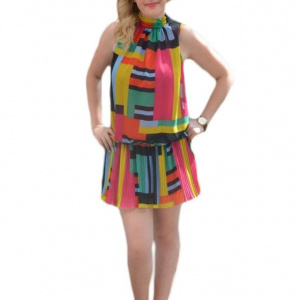 Rochie casual, feminina din voal fronsat, multicolor