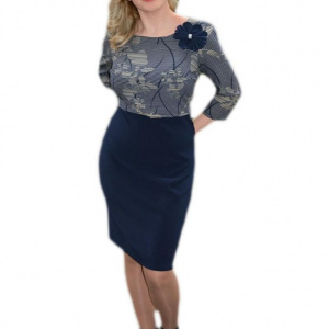 Rochie casual masura mare, bleumarin cu imprimeu de flori bej - Img 1