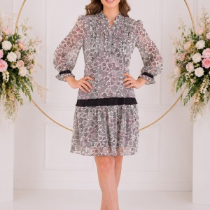Rochie casual, moderna, imprimeu floral marunt, negru-pudra