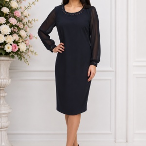 Rochie chic cu maneca din voal transparent si design de strasuri