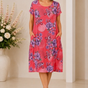 Rochie Coral cu Imprimeu Floral – Bumbac 95%, Croială Lejeră și Buzunare
