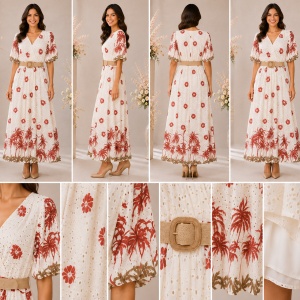Rochie damă alb-crem din 100% bumbac, cu imprimeu tropical roșu, broderie perforată și curea bej - Img 2