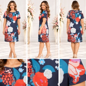 Rochie damă bleumarin cu imprimeu floral multicolor – croială in forma de A - Img 2