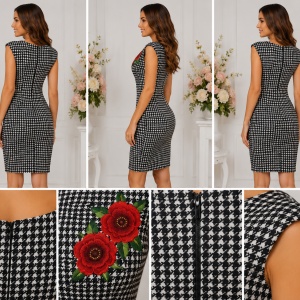 Rochie damă conică cu imprimeu pepit și aplicații florale 3D roșii - Img 2