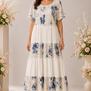 Rochie damă crem cu imprimeu floral albastru și croială în volane