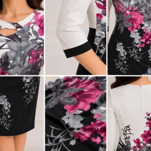 Rochie dama cu imprimeu floral,si decolteu maxi cu model,alb-negru - Img 2