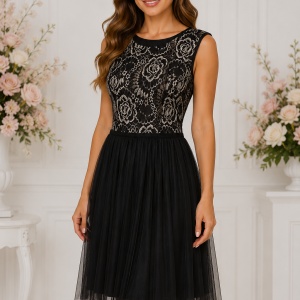 Rochie damă elegantă cu dantelă florală și fustă din tul, negru-auriu